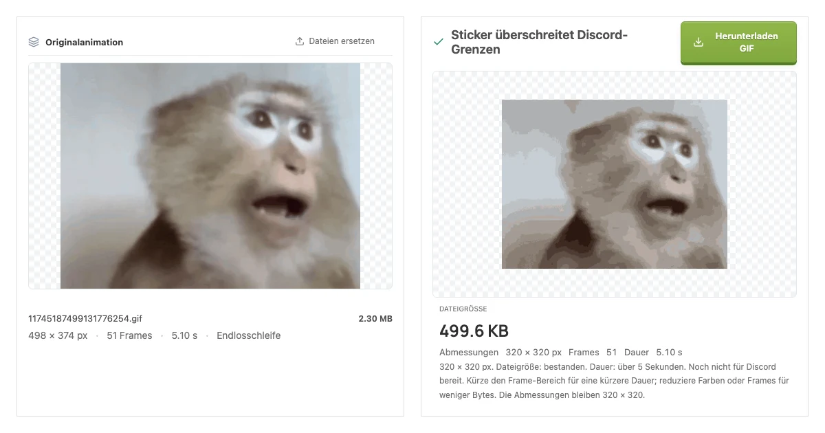 Original und quadratische Ausgabe im deutschen Discord Sticker Konverter von GifDesk.