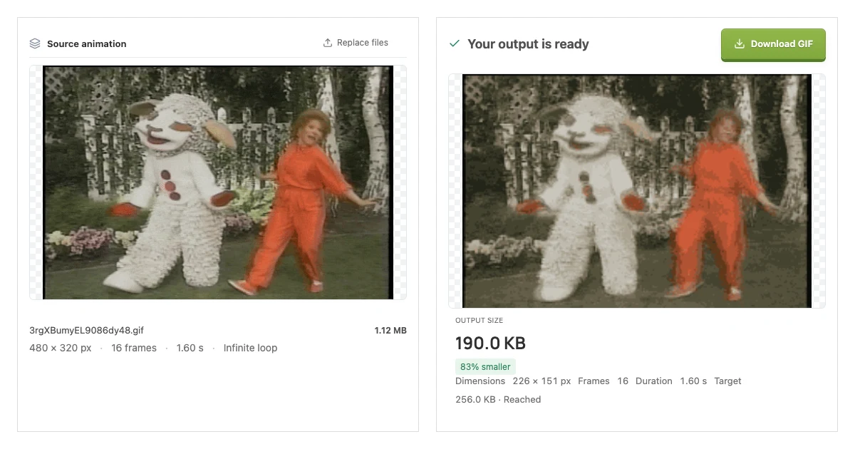Original Lamb Chop GIF and actual compressed output with a 256 KB target in GIFDesk