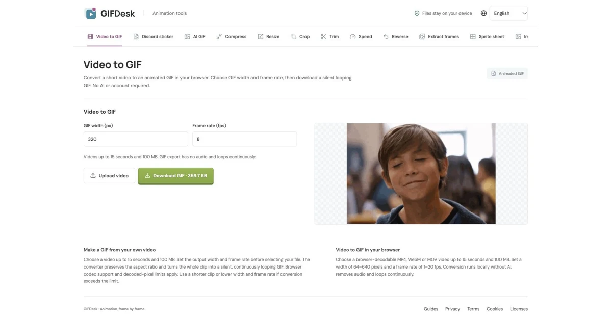 Actual GIFDesk export screen for the cropped MP4 with a 320-pixel GIF result