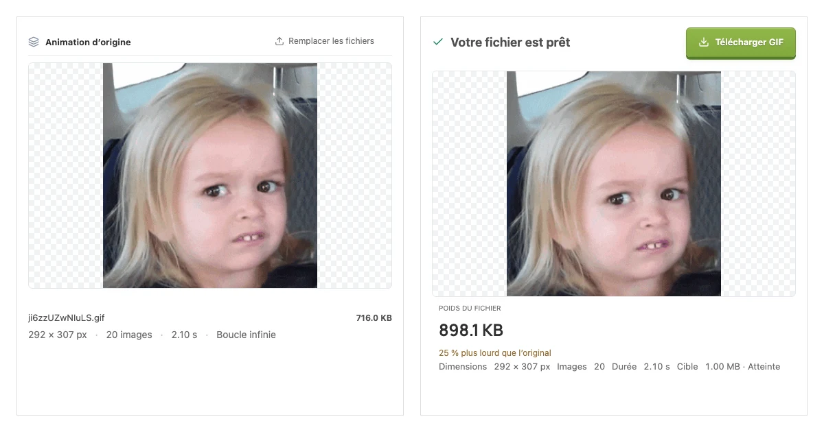 Aperçu du GIF original et du résultat dans le compresseur GIF français de GifDesk.