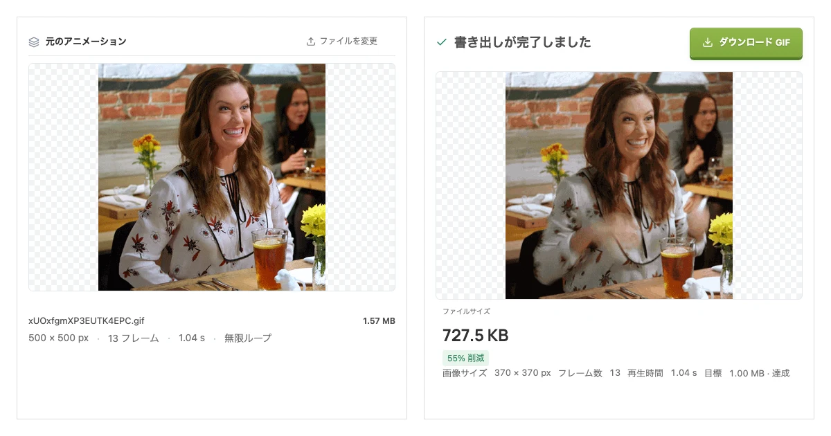 GIF圧縮の元画像と出力寸法、容量を比べる実際の処理画面
